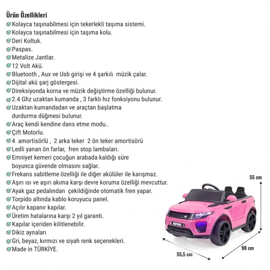 Raptor 12V Uzaktan Kumandalı Çift Motorlu Akülü Araba | Pembe