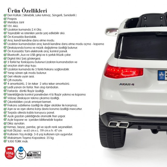 Akar Boss GT 12V Kumandalı Akülü Araba Beyaz